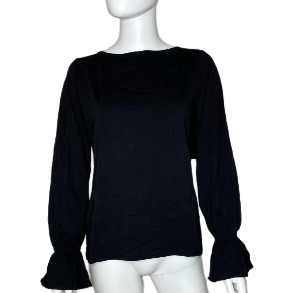 Mustard Seed Women's Black Long Bell Cuff Sleeve Hi-Low Cropped Tie Back Blouse